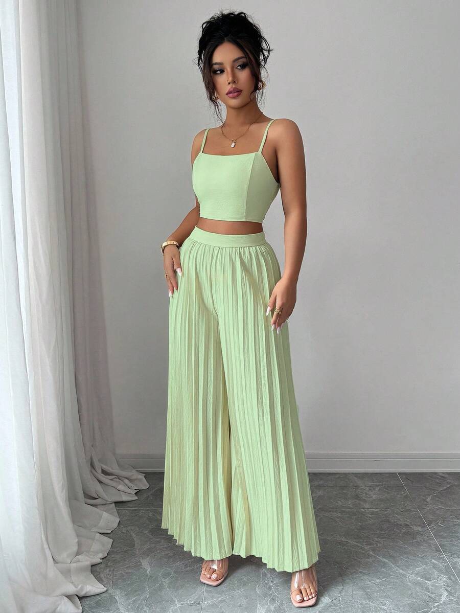 2kom/Set Elegantna Ženska Majica Bez Rukava i Plisirane Dugačke Pantalone