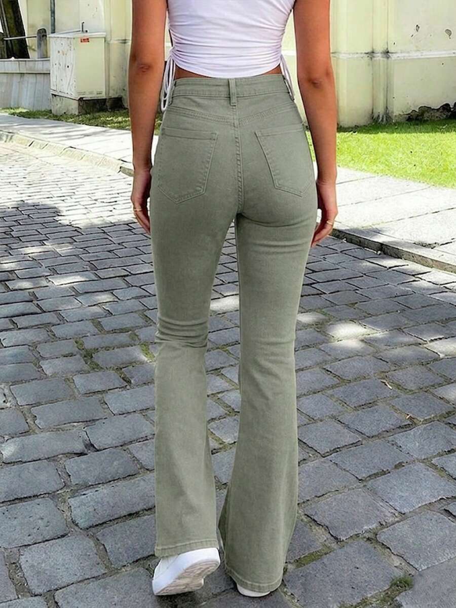 Ženske Svakodnevne Pantalone sa Rajsferšlusom i Dugmetom – Široke Nogavice, Prirodni Struk