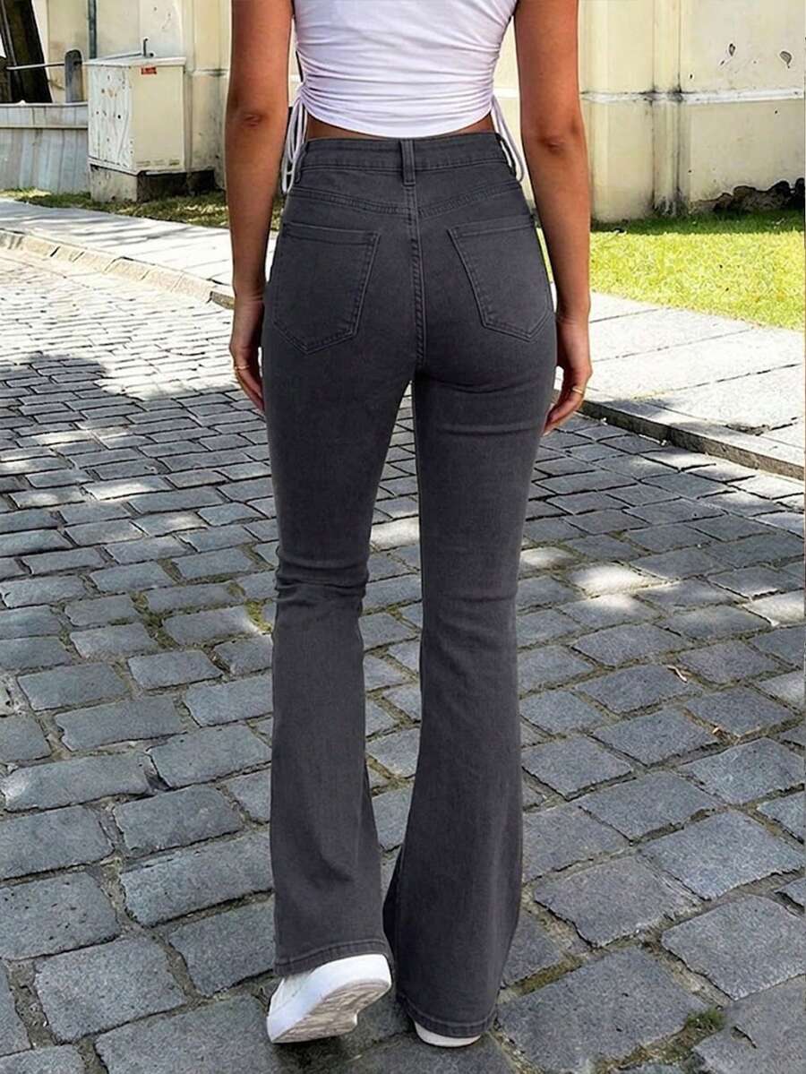 Ženske Svakodnevne Pantalone sa Rajsferšlusom i Dugmetom – Široke Nogavice, Prirodni Struk