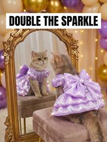 Fashionable High-Gloss Pet Dress With Romantic Puff Sleeves And Big Bow