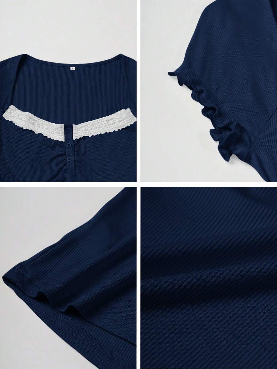 Ženska letnja majica sa čipkastim umetkom i kvadratnim izrezom – slim fit