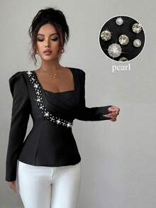 Elenzga Pearl Decor Elegant Romantic Fitted Blouse With Square Collar, Long Sleeve For Women