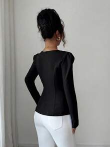 Elenzga Pearl Decor Elegant Romantic Fitted Blouse With Square Collar, Long Sleeve For Women