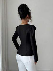 Elenzga Pearl Decor Elegant Romantic Fitted Blouse With Square Collar, Long Sleeve For Women