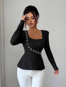 Elenzga Pearl Decor Elegant Romantic Fitted Blouse With Square Collar, Long Sleeve For Women