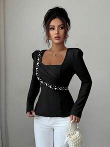 Elenzga Pearl Decor Elegant Romantic Fitted Blouse With Square Collar, Long Sleeve For Women