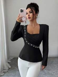 Elenzga Pearl Decor Elegant Romantic Fitted Blouse With Square Collar, Long Sleeve For Women