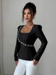 Elenzga Pearl Decor Elegant Romantic Fitted Blouse With Square Collar, Long Sleeve For Women