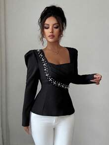 Elenzga Pearl Decor Elegant Romantic Fitted Blouse With Square Collar, Long Sleeve For Women
