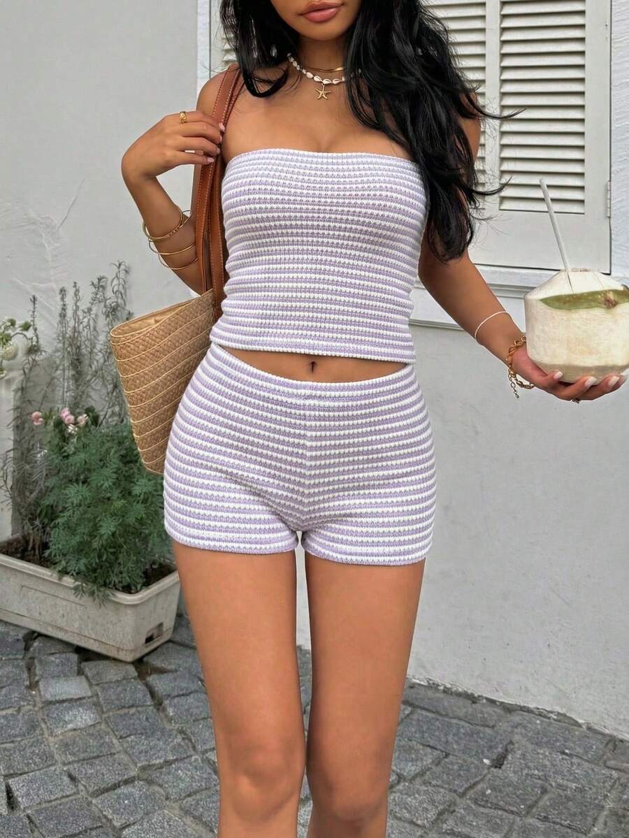 2kom/Set Ženski Casual -Prugasti Top bez Leđa i šorts