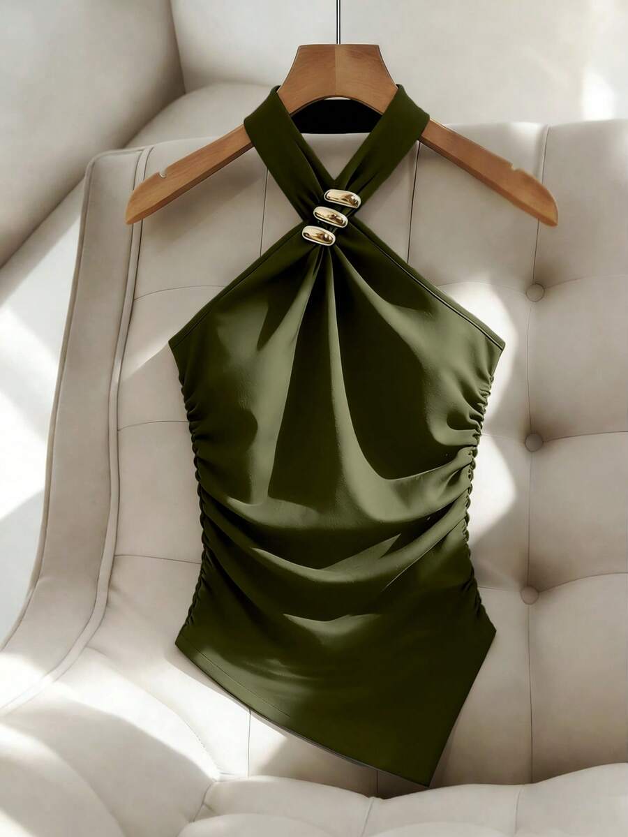 Franclia Army Green Summer Elegant Party Night Women's Sleeveless Halter Crop Top, Black Metal Decorated Knit Fitted Tank Top With Asymmetrical Hem Ruched Top