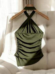 Franclia Army Green Summer Elegant Party Night Women's Sleeveless Halter Crop Top, Black Metal Decorated Knit Fitted Tank Top With Asymmetrical Hem Ruched Top