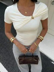 Aloruh Women's Casual Elegant Metal Decor Collar/All-Match Versatile Apricot Blouse,Summer Top