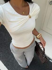 Aloruh Women's Casual Elegant Metal Decor Collar/All-Match Versatile Apricot Blouse,Summer Top