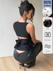 Aloruh 95% Cotton Black Backless Bowknot Sleeveless Shirt