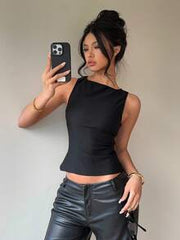 Aloruh 95% Cotton Black Backless Bowknot Sleeveless Shirt