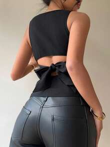 Aloruh 95% Cotton Black Backless Bowknot Sleeveless Shirt