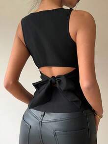 Aloruh 95% Cotton Black Backless Bowknot Sleeveless Shirt