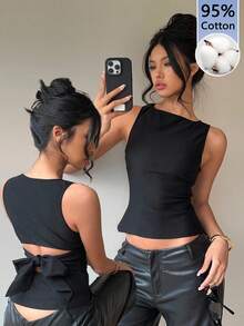 Aloruh 95% Cotton Black Backless Bowknot Sleeveless Shirt