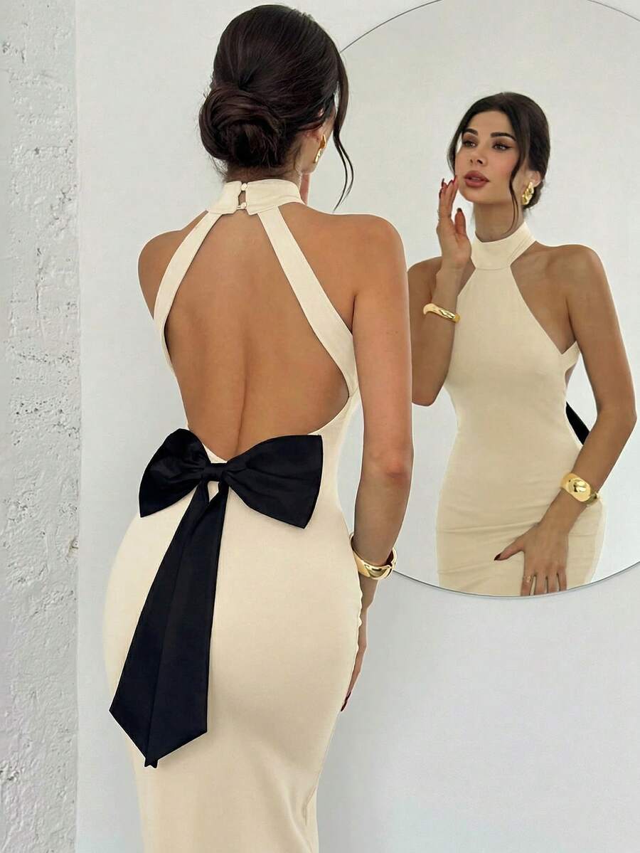 Ženska Elegantna Crno-Bela  Večernja Maxi Haljina