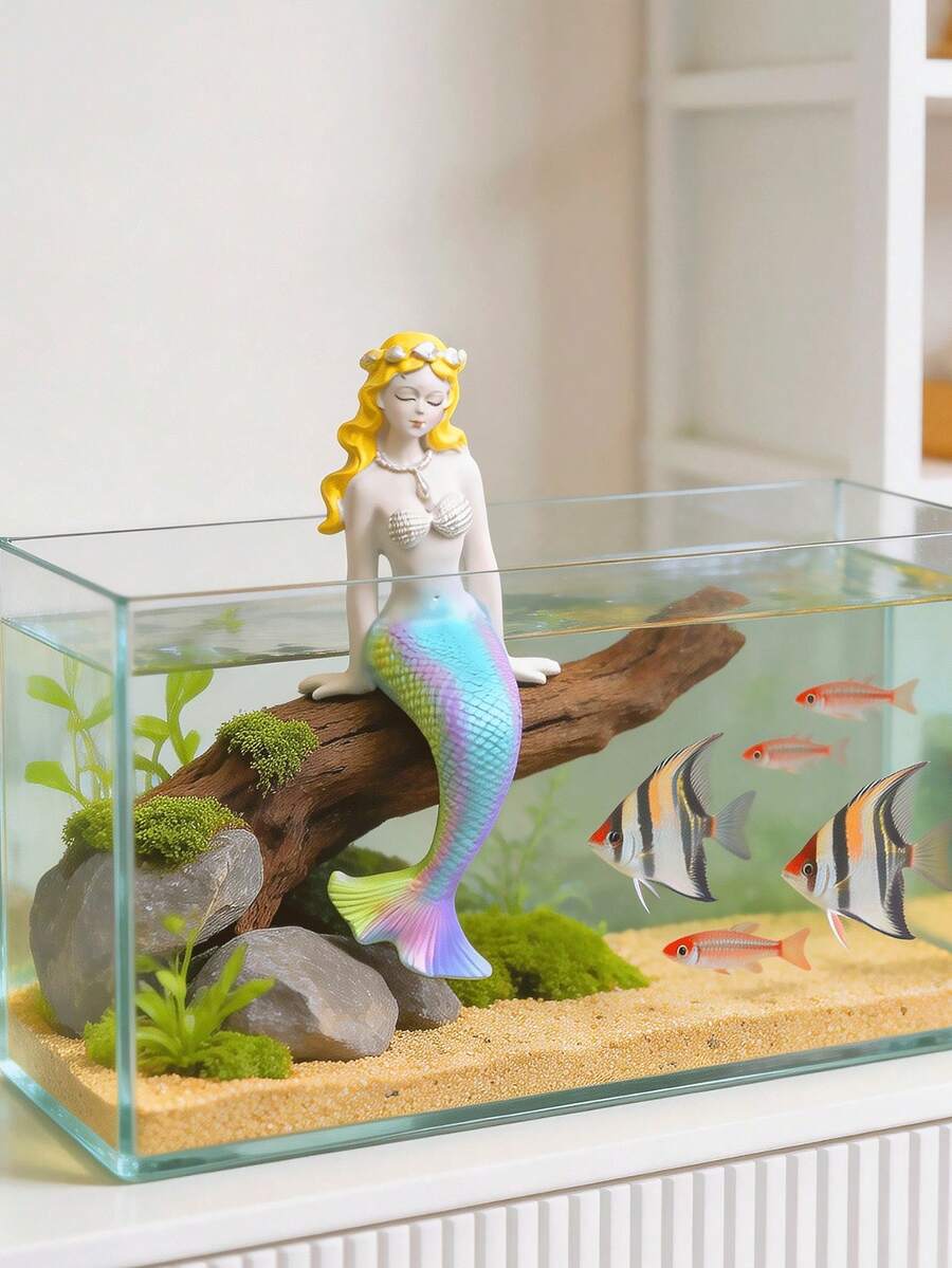 Exquisite Resin Mermaid Figurine, Handcrafted Aquarium Ornament With Gradient Tail