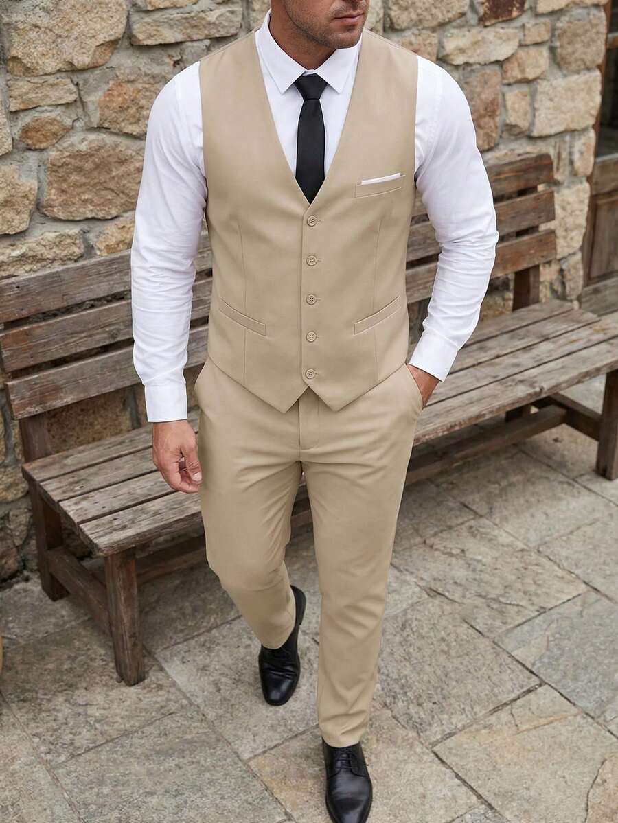 Muški set od 4 dela, elegantan jednobojan slim fit prsluk, pantalone i set kravate