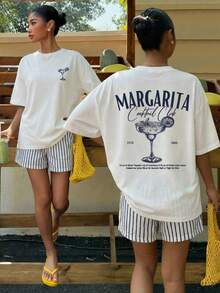Muchica Women's Off-White Summer Casual Vacation Oversized T-Shirt,Margarita Cocktail Graphic Round Neck Short Sleeve Loose Fit Tee,Daily Party Y2K