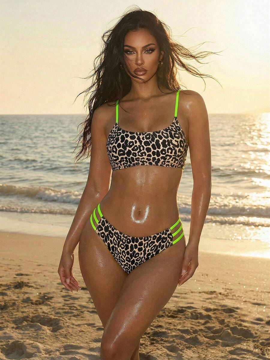Ženski bikini set sa leopard printom, pogodan za plažu i letovanje