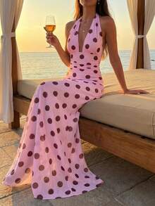 Aloruh Women's Pink And Brown Polka Dot Deep V-Neck Ruched Waist Elegant Long Dress