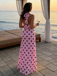 Aloruh Women's Pink And Brown Polka Dot Deep V-Neck Ruched Waist Elegant Long Dress