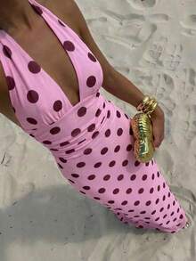 Aloruh Women's Pink And Brown Polka Dot Deep V-Neck Ruched Waist Elegant Long Dress