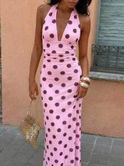 Aloruh Women's Pink And Brown Polka Dot Deep V-Neck Ruched Waist Elegant Long Dress