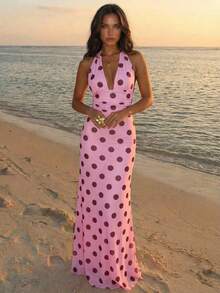 Aloruh Women's Pink And Brown Polka Dot Deep V-Neck Ruched Waist Elegant Long Dress