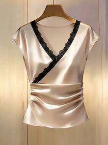 Franclia Elegant V-Neck Contrast Lace Trim Button Pleated Women T-Shirt