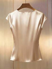 Franclia Elegant V-Neck Contrast Lace Trim Button Pleated Women T-Shirt