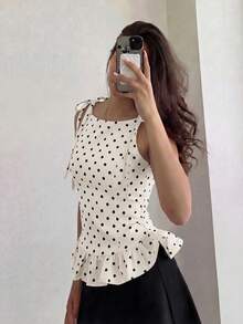 New Elegant & Fashionable Sleeveless Women Polka Dot Ruffle Hem Casual Blouse, Suitable For Daily, Commuting, Sexy Date, All Seasons Summer