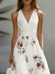 EMERY ROSE AB Patchwork V-Neck Sleeveless Waist Cinched Elegant Midi Dress, Suitable For Work & Vacation