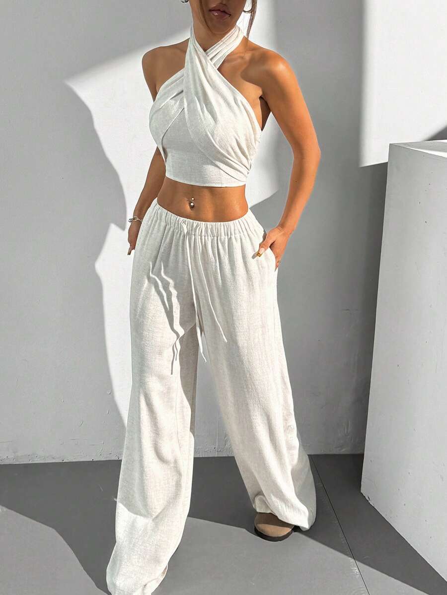 Laneni 2 kom/Set Žene Top  sa halter dekolteom i duge pantalone sa vezicom