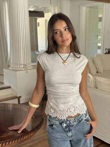 Serisse Women's Elegant Light Grey Summmer Round Neck Cap Sleeve Fitted T-Shirt,Contrast Lace Embroidery Ruffle Hem Blouse,Versatile Brunch Beach Tops