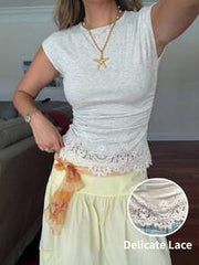 Serisse Women's Elegant Light Grey Summmer Round Neck Cap Sleeve Fitted T-Shirt,Contrast Lace Embroidery Ruffle Hem Blouse,Versatile Brunch Beach Tops