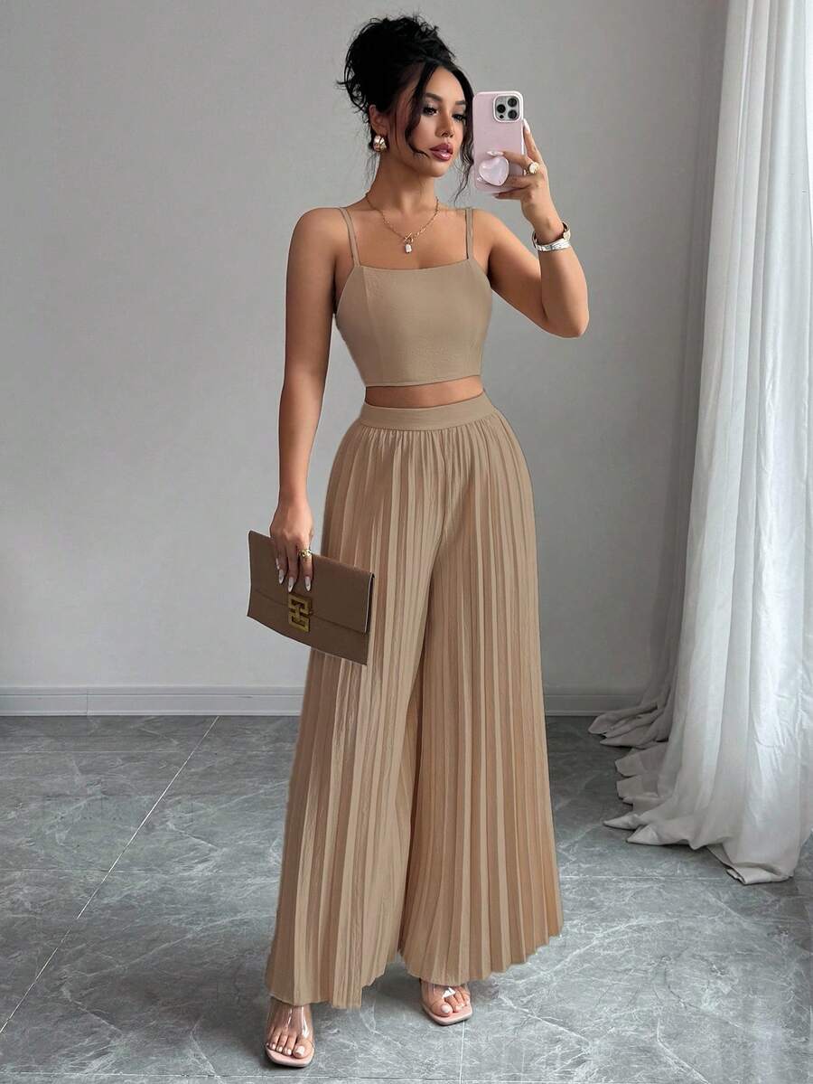 2kom/Set Elegantna Ženska Majica Bez Rukava i Plisirane Dugačke Pantalone