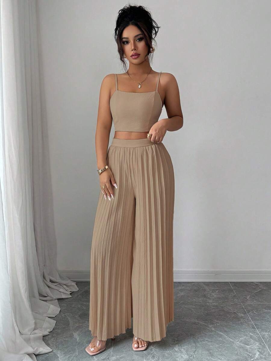 2kom/Set Elegantna Ženska Majica Bez Rukava i Plisirane Dugačke Pantalone