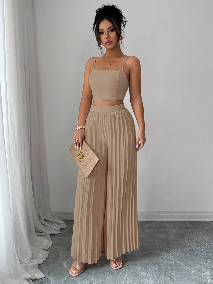 2kom/Set Elegantna Ženska Majica Bez Rukava i Plisirane Dugačke Pantalone