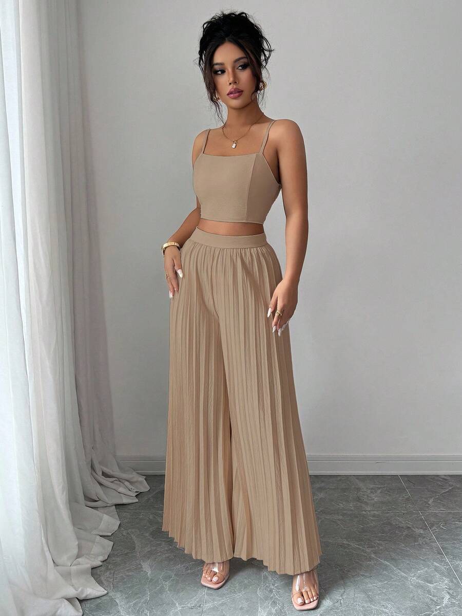 2kom/Set Elegantna Ženska Majica Bez Rukava i Plisirane Dugačke Pantalone