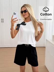 Easowa Women's White Cotton T-Shirt, Chic Shoulder Bow Detail Round Neck Short Sleeve Top
