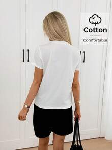Easowa Women's White Cotton T-Shirt, Chic Shoulder Bow Detail Round Neck Short Sleeve Top