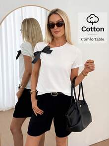 Easowa Women's White Cotton T-Shirt, Chic Shoulder Bow Detail Round Neck Short Sleeve Top