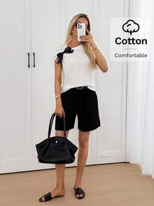 Easowa Women's White Cotton T-Shirt, Chic Shoulder Bow Detail Round Neck Short Sleeve Top