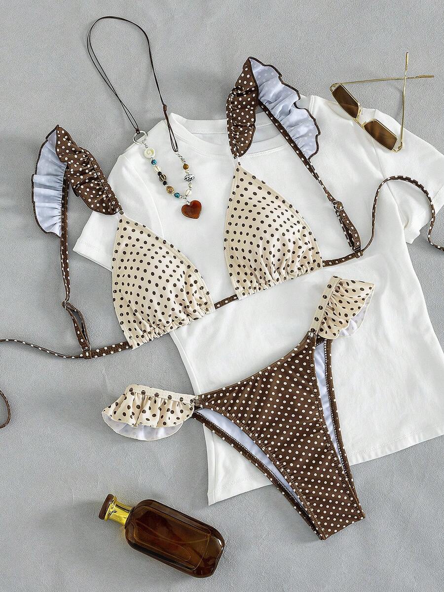 Ženski Seksi Roze i Žuti Karirani Bikini Set sa Volanima