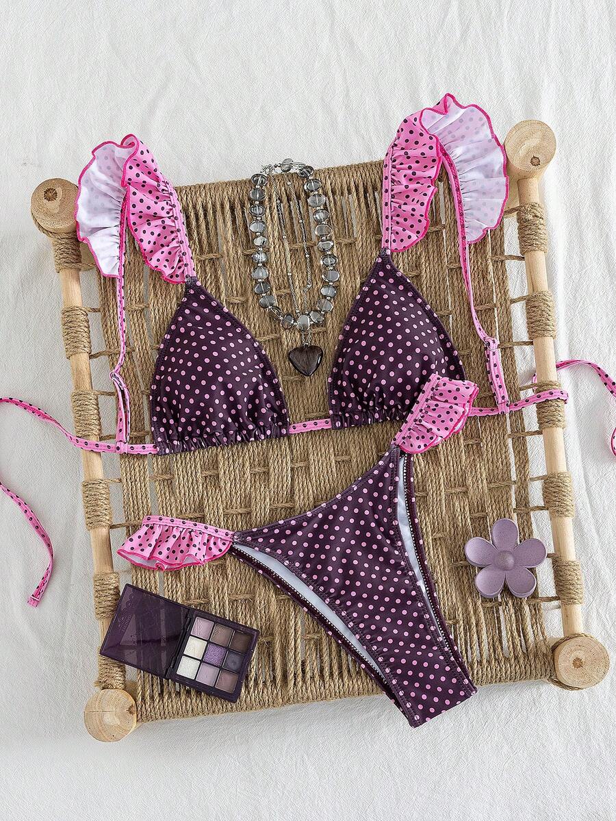 Ženski Seksi Roze i Žuti Karirani Bikini Set sa Volanima